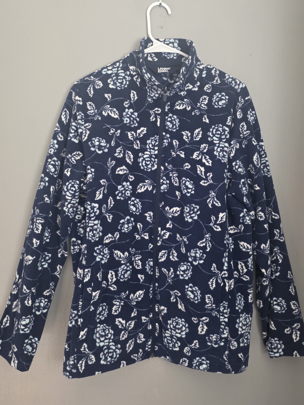 Lands' End Women's Navy Floral Zip-Front Fleece Jacket